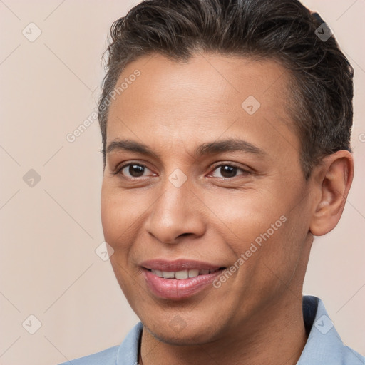 Joyful white young-adult male with short  brown hair and brown eyes