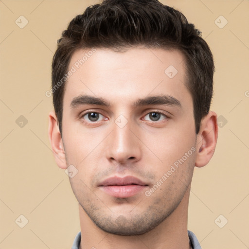 Neutral white young-adult male with short  brown hair and brown eyes