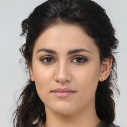 Neutral latino young-adult female with long  brown hair and brown eyes