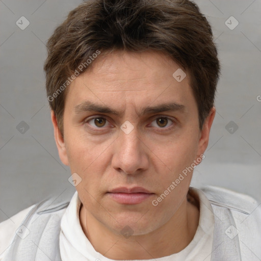 Neutral white young-adult male with short  brown hair and brown eyes