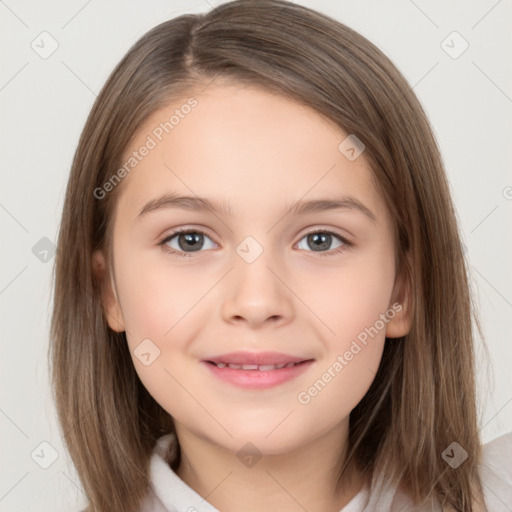 Joyful white child female with medium  brown hair and brown eyes