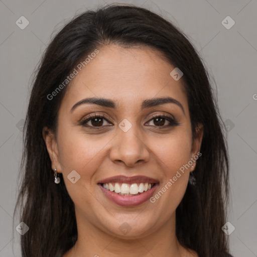 Joyful white young-adult female with long  brown hair and brown eyes