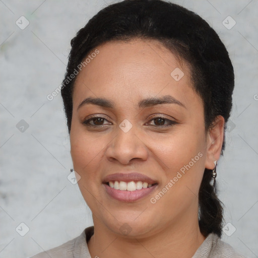 Joyful asian young-adult female with medium  black hair and brown eyes