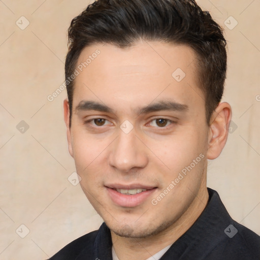 Joyful white young-adult male with short  brown hair and brown eyes