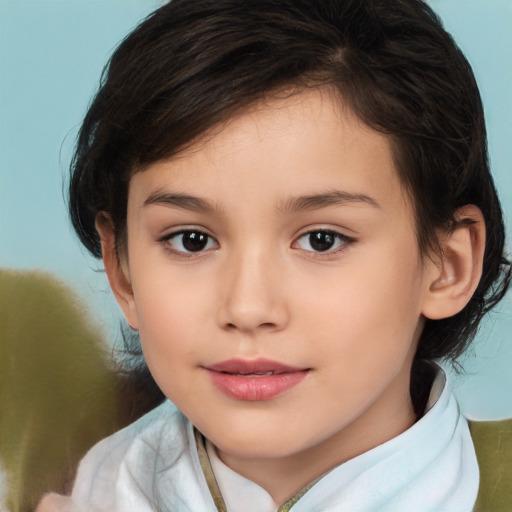 Joyful white child female with medium  brown hair and brown eyes