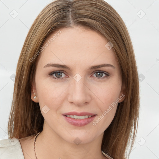 Joyful white young-adult female with long  brown hair and grey eyes