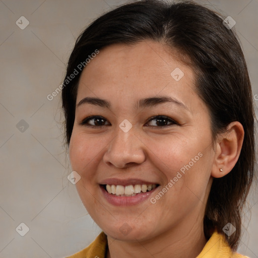 Joyful white young-adult female with medium  brown hair and brown eyes