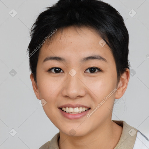 Joyful asian young-adult female with short  brown hair and brown eyes