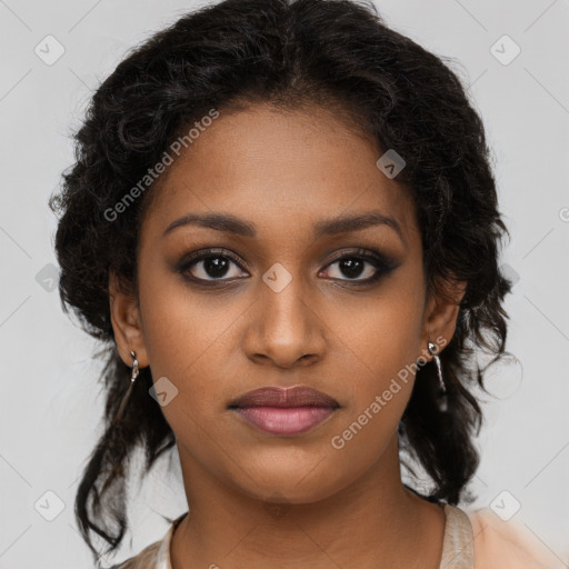 Joyful black young-adult female with medium  brown hair and brown eyes