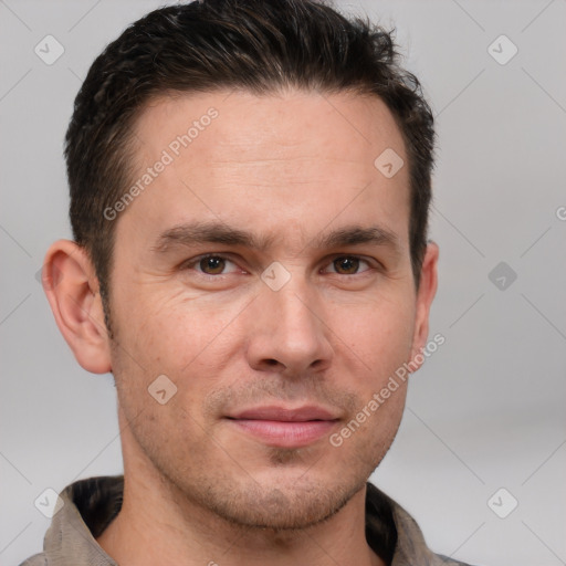 Neutral white adult male with short  brown hair and brown eyes