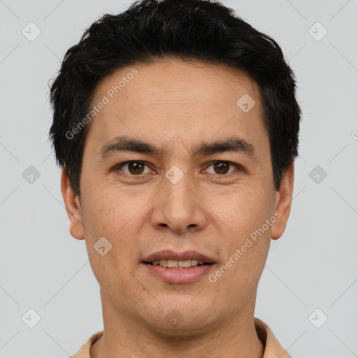 Joyful white adult male with short  brown hair and brown eyes