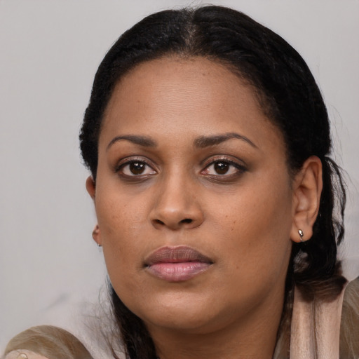 Neutral black young-adult female with long  black hair and brown eyes