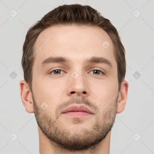 Neutral white young-adult male with short  brown hair and grey eyes