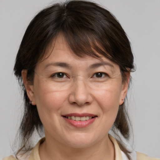 Joyful white adult female with medium  brown hair and brown eyes