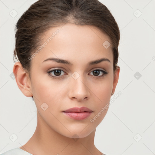 Neutral white young-adult female with short  brown hair and brown eyes