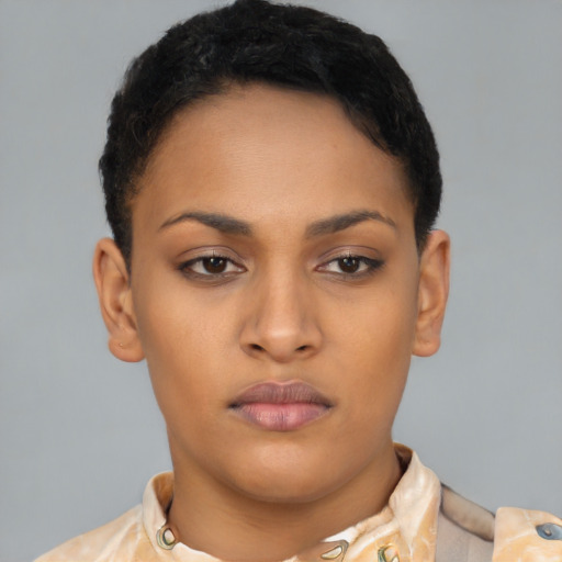 Neutral latino young-adult female with short  brown hair and brown eyes