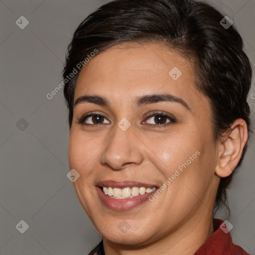 Joyful white young-adult female with medium  brown hair and brown eyes