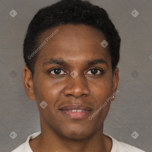 Joyful black young-adult male with short  brown hair and brown eyes