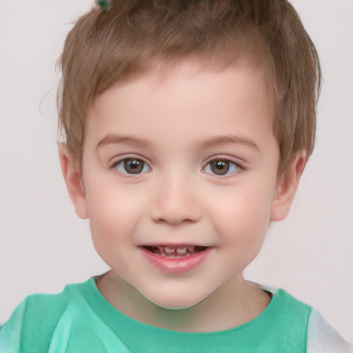 Joyful white child male with short  brown hair and brown eyes