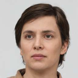 Neutral white young-adult female with medium  brown hair and brown eyes