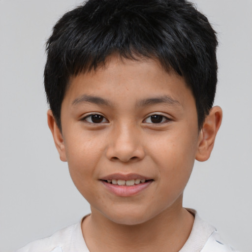 Joyful asian child male with short  brown hair and brown eyes