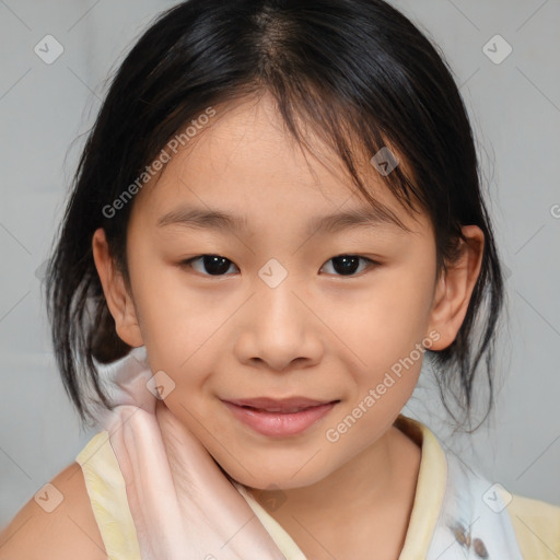 Joyful white child female with medium  brown hair and brown eyes