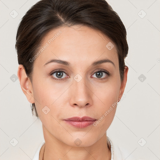 Neutral white young-adult female with short  brown hair and brown eyes