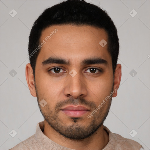 Neutral latino young-adult male with short  black hair and brown eyes