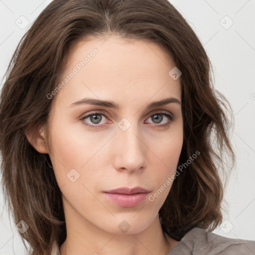 Neutral white young-adult female with medium  brown hair and grey eyes