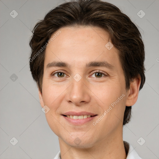 Joyful white young-adult female with short  brown hair and brown eyes