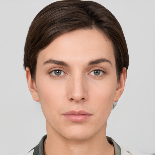 Neutral white young-adult female with short  brown hair and brown eyes