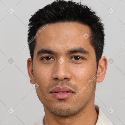 Neutral asian young-adult male with short  black hair and brown eyes