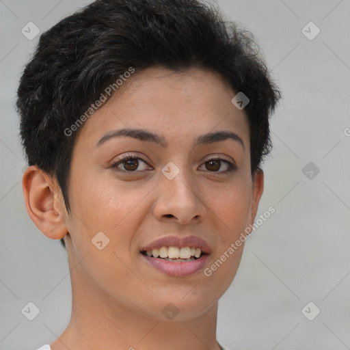 Joyful white young-adult female with short  brown hair and brown eyes