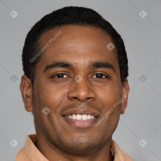 Joyful latino young-adult male with short  brown hair and brown eyes