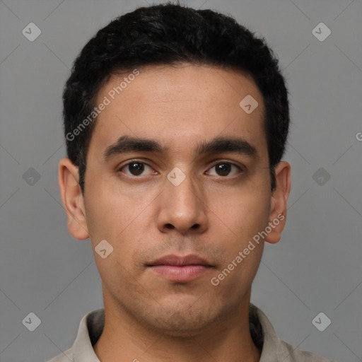 Neutral latino young-adult male with short  brown hair and brown eyes