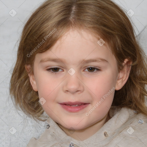 Joyful white child female with medium  brown hair and brown eyes