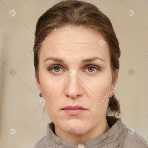 Neutral white young-adult female with short  brown hair and brown eyes