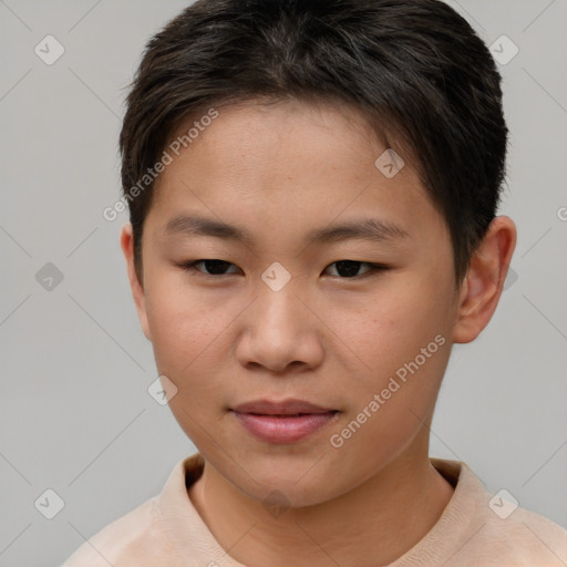 Joyful asian young-adult female with short  brown hair and brown eyes