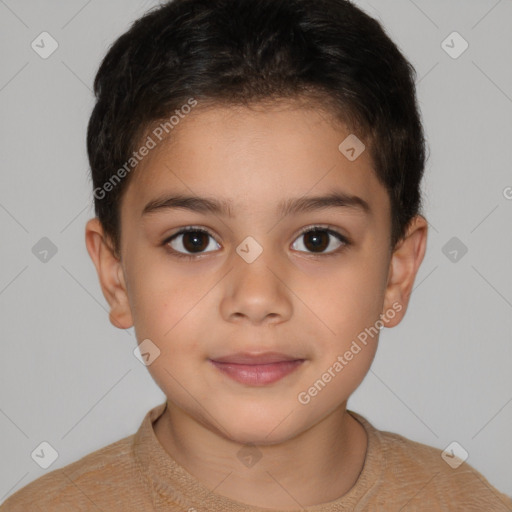 Joyful white child female with short  brown hair and brown eyes