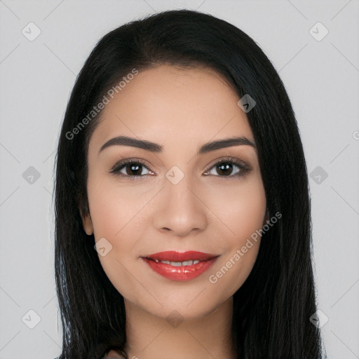 Joyful white young-adult female with long  black hair and brown eyes