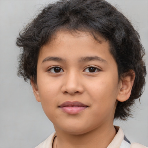 Joyful asian child female with medium  brown hair and brown eyes
