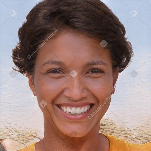 Joyful white adult female with short  brown hair and brown eyes