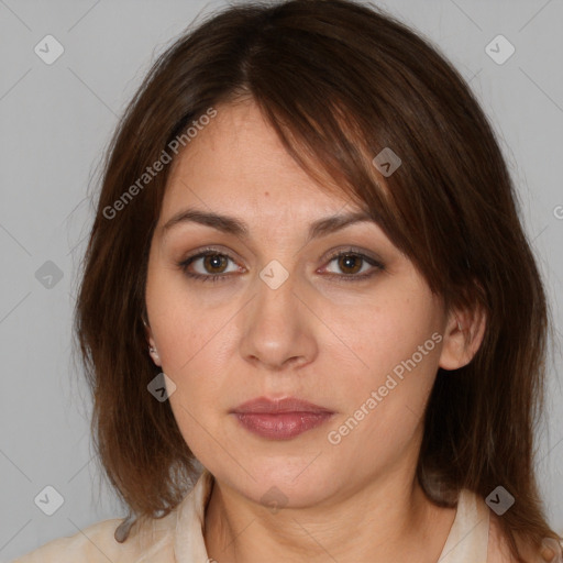 Neutral white young-adult female with medium  brown hair and brown eyes