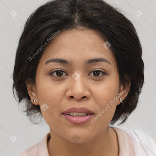 Joyful asian young-adult female with medium  brown hair and brown eyes