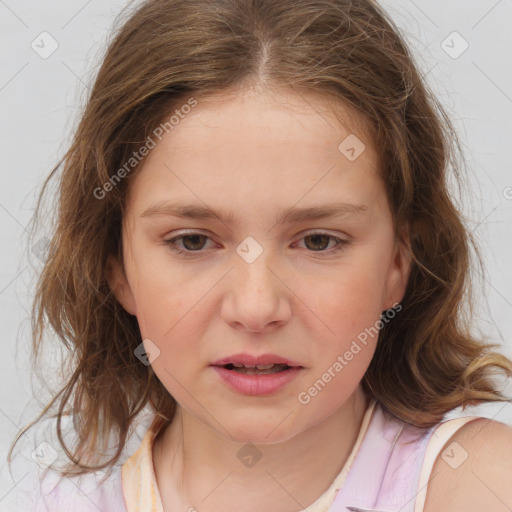 Joyful white child female with medium  brown hair and brown eyes