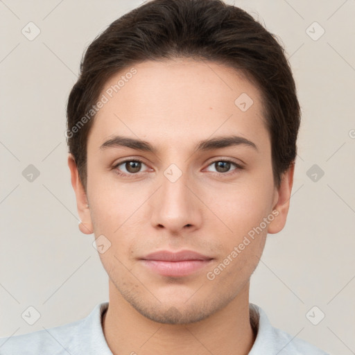 Neutral white young-adult male with short  brown hair and brown eyes