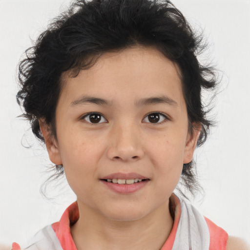 Joyful white child female with medium  brown hair and brown eyes