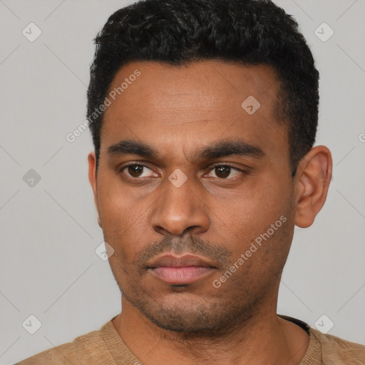 Neutral latino young-adult male with short  black hair and brown eyes