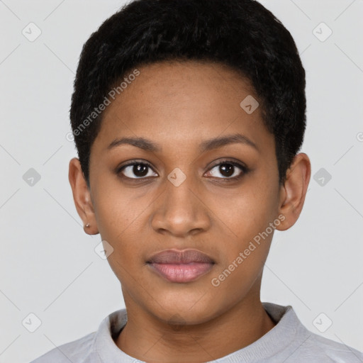 Neutral black young-adult female with short  black hair and brown eyes