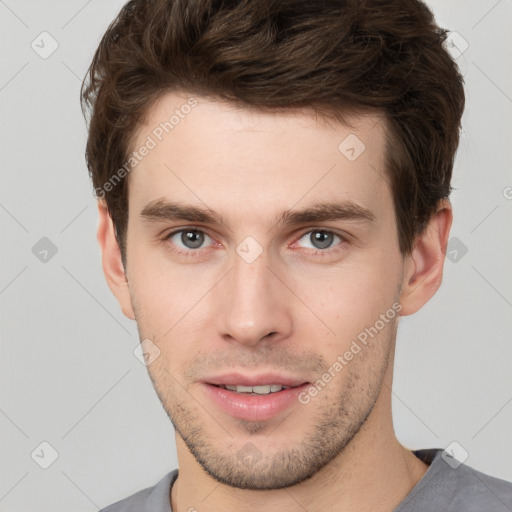 Neutral white young-adult male with short  brown hair and brown eyes